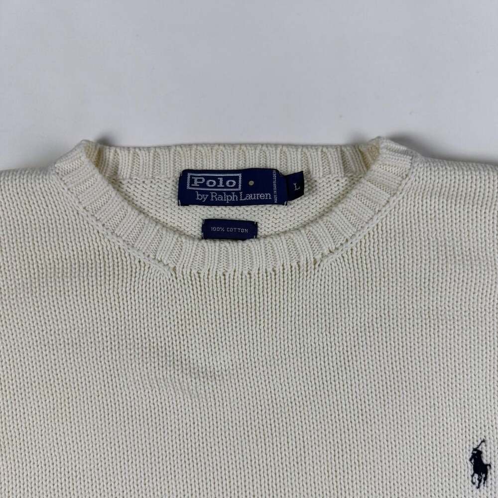 Polo Ralph Lauren Sweater Mens L Cream Ivory 100% Cotton Knit Crewneck